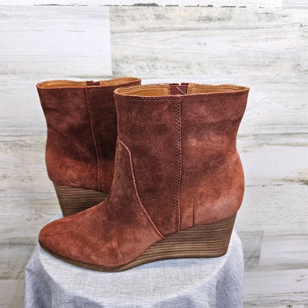 Lucky Brand Wafael Suede Wedge Ankle Boots 8.5 Brown Boho Western Chic Booties